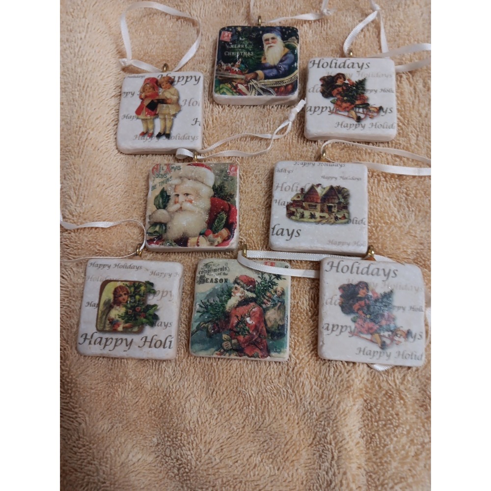 Set of 8 Studio Vertu Holiday Tumbled Italian Marble Stone Tile Ornaments EUC